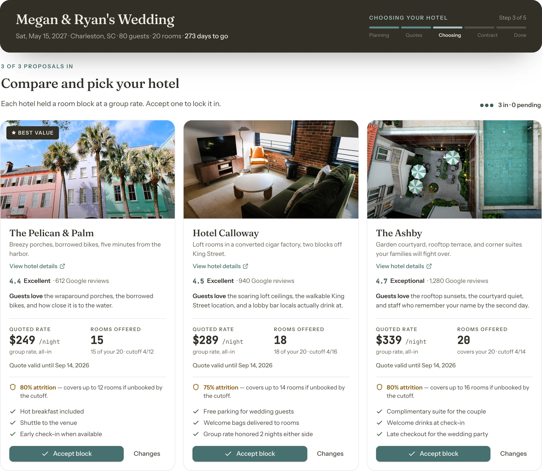 The StayLane workspace for a Charleston wedding — three hotel proposals side by side with rates, rooms, and one-click accept
